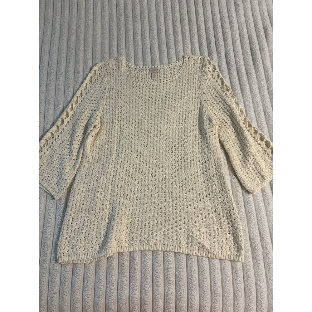 Chicos Knit Crochet Sweater Womens 2/Large Cream Vacation Ramie Blend Beach Boho